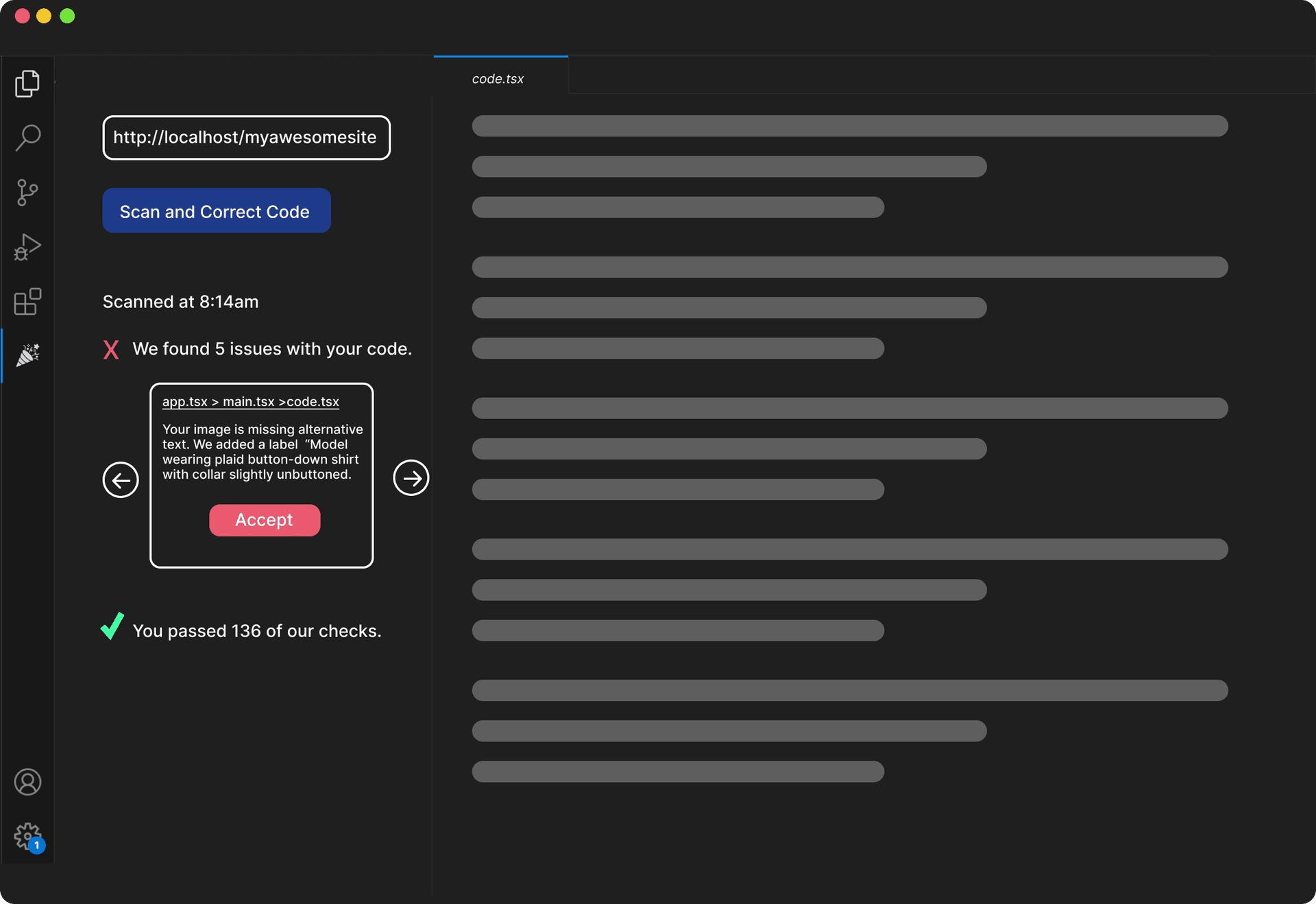 An IDE showing TestParty's extension which provides explanations and code suggestions.