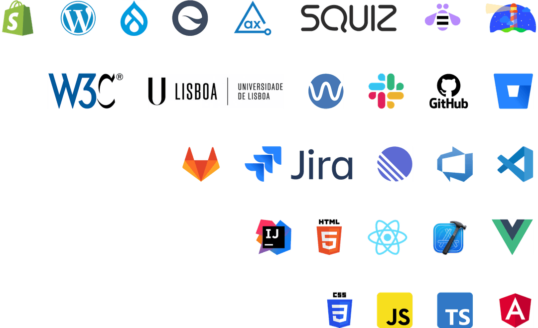 Logos of various technologies and organizations, including Shopify, WordPress, Drupal, Axe, Squiz, Slack, Jira, GitLab, React, HTML5, CSS3, JavaScript, TypeScript, Angular, and others, representing tools and technologies in web development and accessibility.