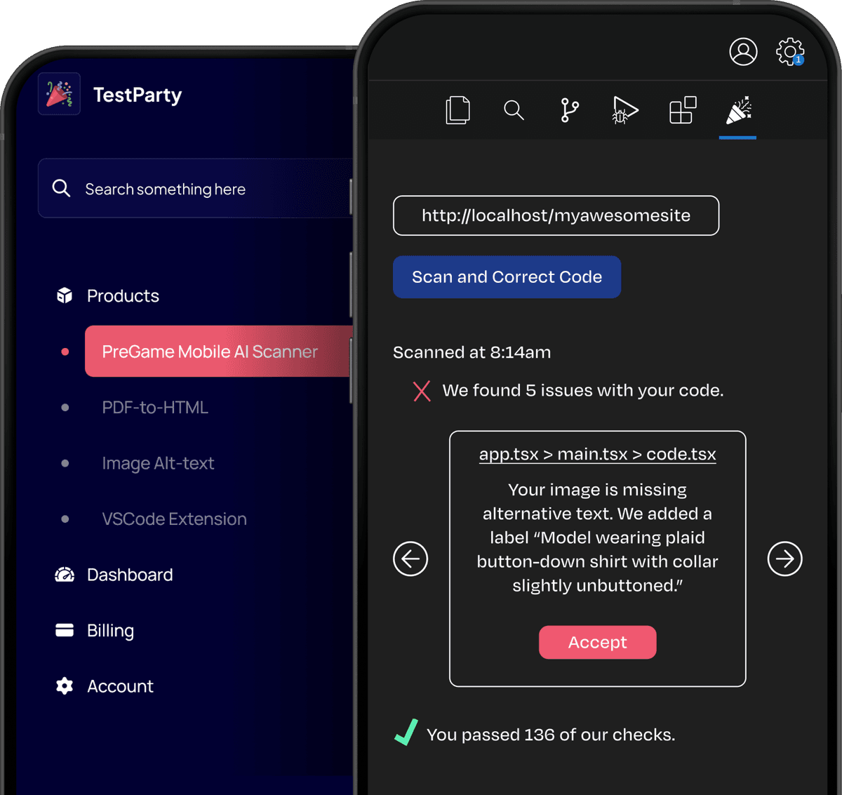 An IDE showing TestParty's extension which provides explanations and code suggestions.