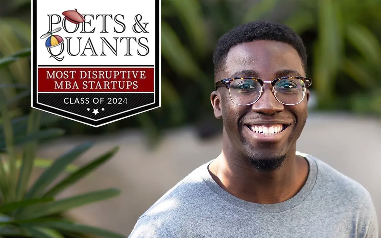 A picture of Michael Bervell smiling next to a logo that says "Poets & Quants Most Disruptive MBA Startups Class of 2024"