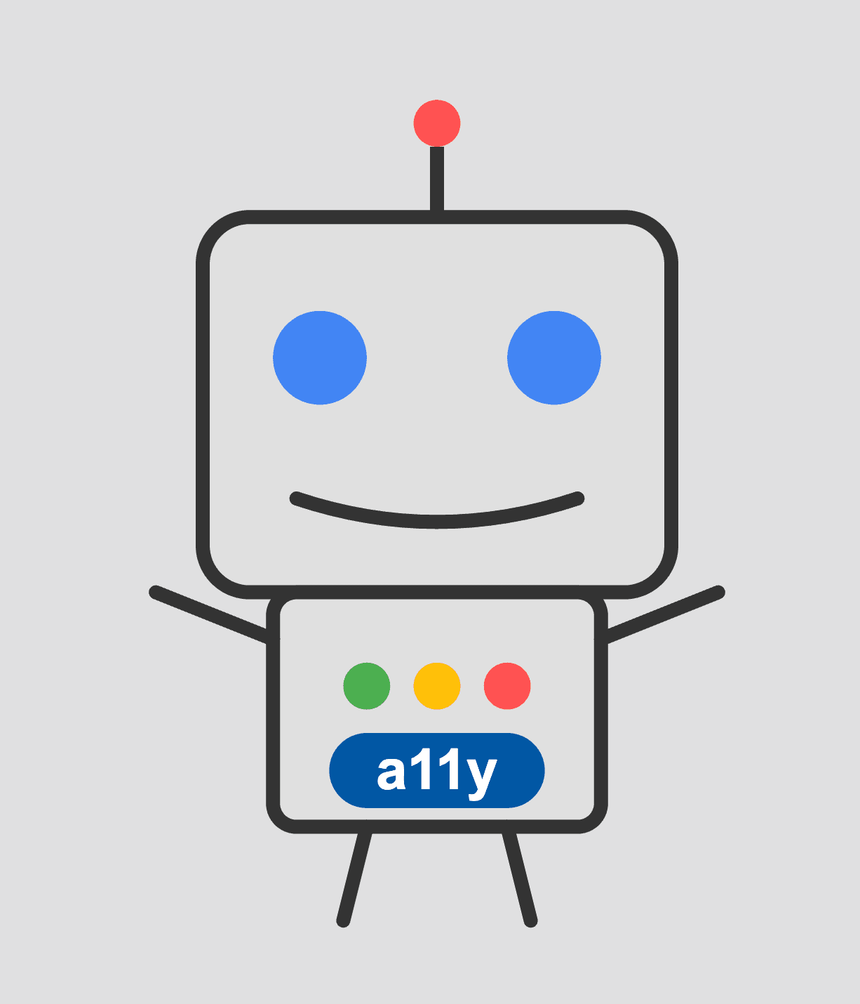 A happy robot with "a11y" written on it's chest