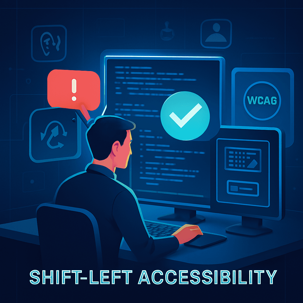 A modern software developer sits at a sleek desk with three glowing monitors displaying code and accessibility icons, including a WCAG badge, keyboard navigation symbol, and screen reader icon. A red alert bubble on one screen fades into a green checkmark over a code snippet. The background is minimalistic and futuristic, featuring soft grid lines and automation-themed icons, creating a clean, professional, and technical atmosphere focused on shift-left accessibility.