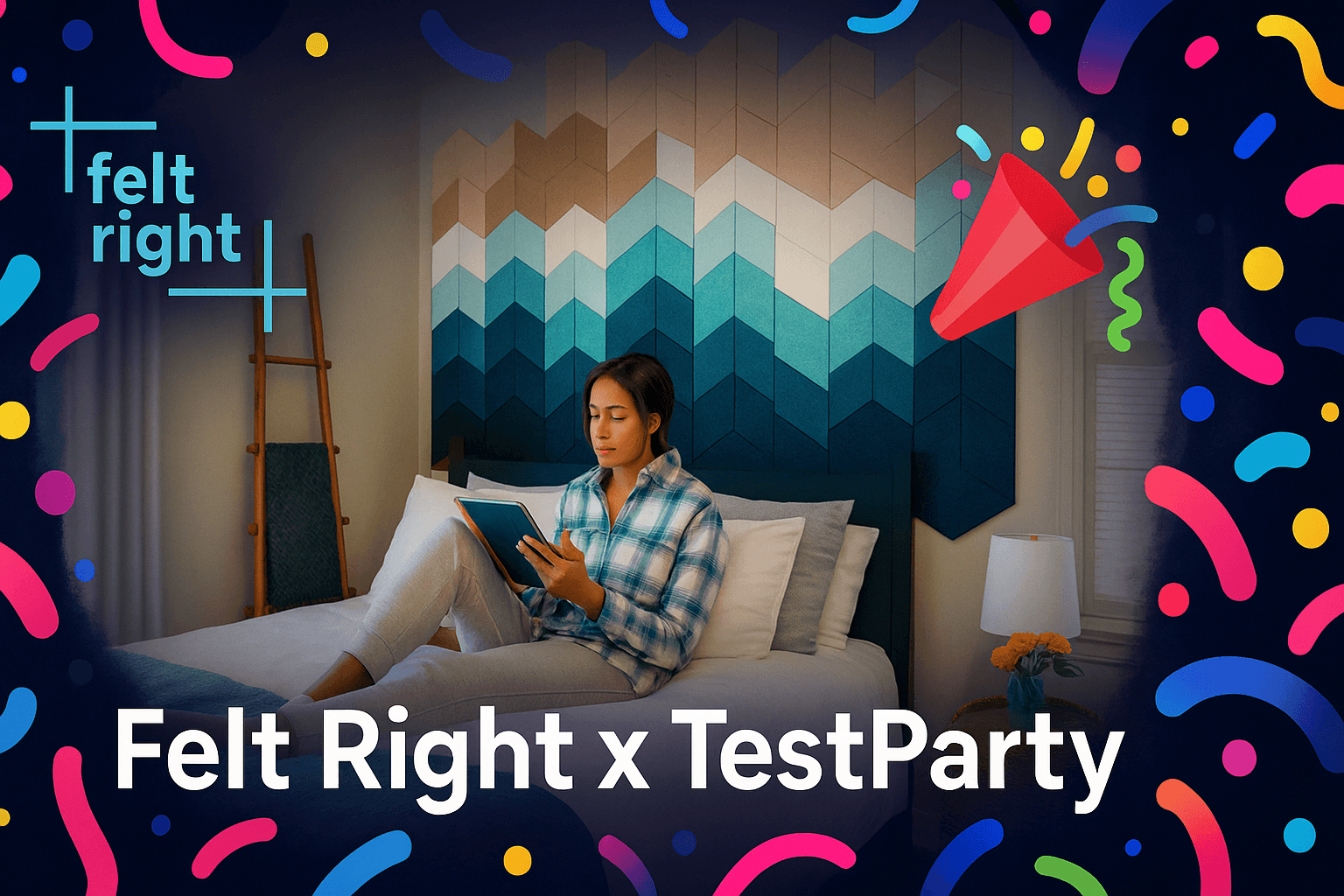 humbnail for Felt Right × TestParty case study: a young Black woman reads on a bed against a chevron felt‑tile wall in teal‑to‑navy tones, framed by a dark‑blue confetti border. Felt Right logo sits in the top left, TestParty’s party‑popper icon in the top right, and the white headline “Felt Right x TestParty” spans the bottom.