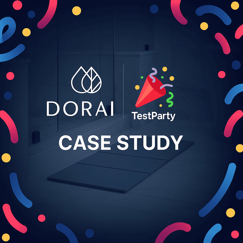 Dark-navy case-study cover framed by colorful confetti streamers. Center shows a muted photo of a sleek gray Dorai bath mat in a marble bathroom. Above bold white text reading ‘CASE STUDY,’ Dorai’s white leaf logo sits left of the TestParty party-popper logo, aligned side-by-side.