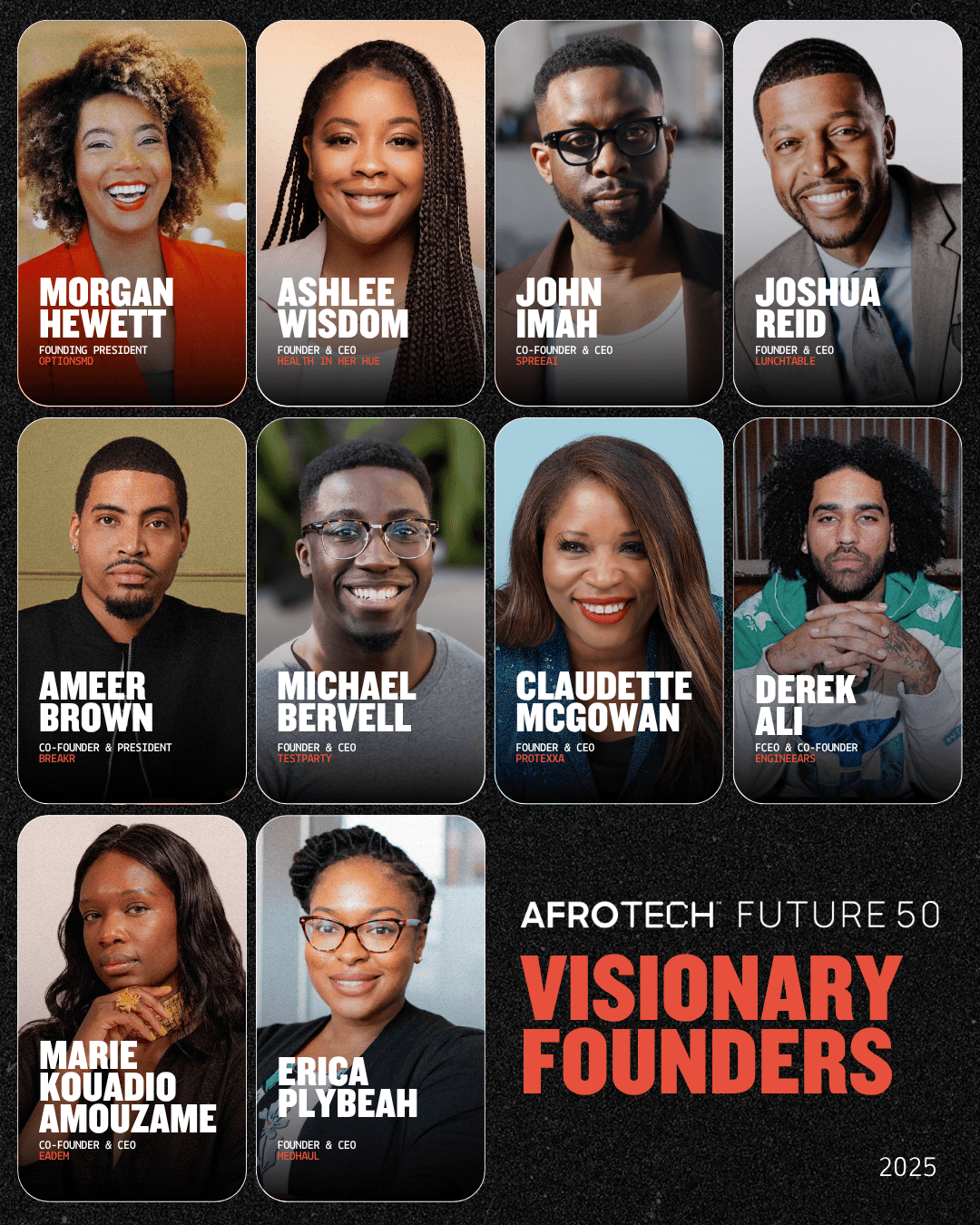 A collage of 10 headshots of the AfroTech Future 50 Visionary Founders, labeled with names and company titles. Michael Bervell (founder and CEO of TestParty) is included in the middle.