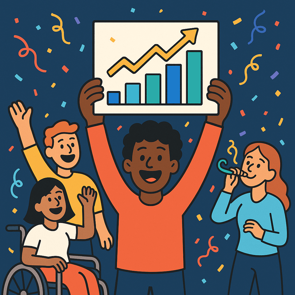 A colorful cartoon illustration featuring four diverse people celebrating against a dark blue background with confetti and streamers. At the center, a smiling Black man holds up a chart with a rising bar graph and upward arrow. To his left, a red-haired man waves enthusiastically, and a woman in a wheelchair smiles and raises her hand. On the right, a woman with red hair blows a party horn. The mood is festive and inclusive, symbolizing success and accessibility.