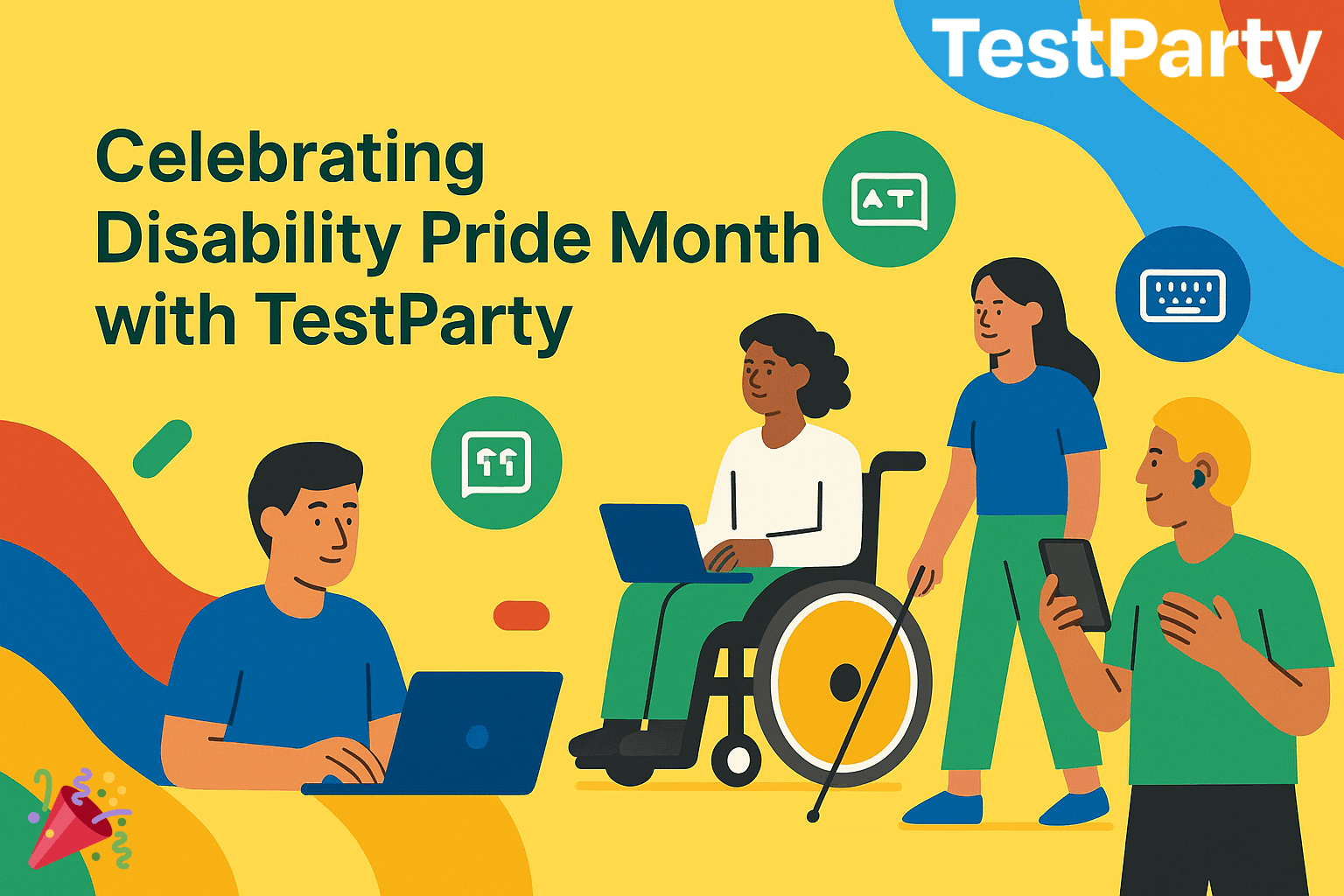 A flat-style illustration showing four diverse people with disabilities using laptops, tablets, and assistive devices. The text reads “Celebrating Disability Pride Month with TestParty” on a bright yellow background with colorful shapes.