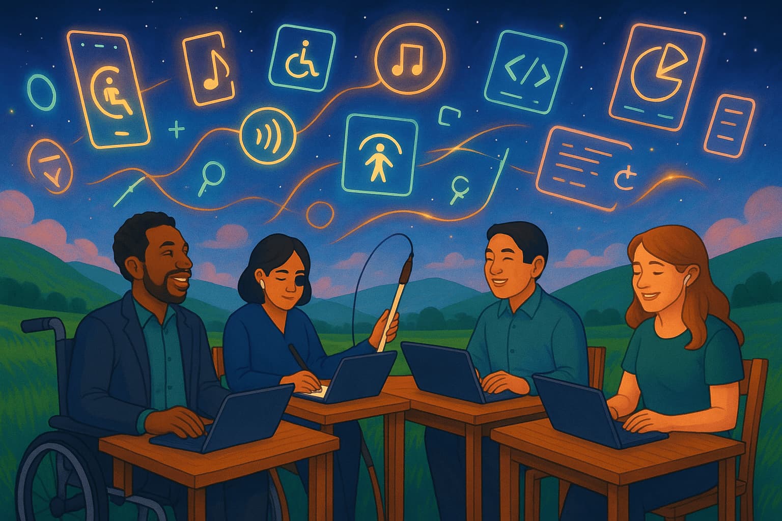 Four diverse people with disabilities work on laptops under a starry sky, with glowing icons above representing digital accessibility features like screen readers, captions, and code.