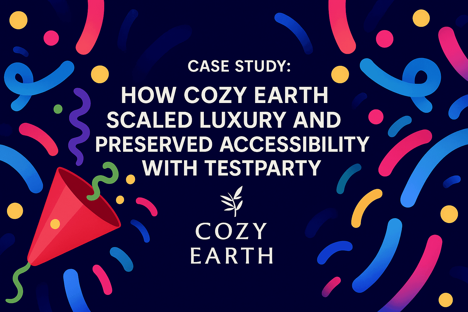 Graphic featuring colorful confetti and streamers on a dark blue background. The text in the center reads: 'Case Study: How Cozy Earth Scaled Luxury and Preserved Accessibility with TestParty'. Below the text is the Cozy Earth logo, which includes a stylized leaf above the words 'Cozy Earth'. A red party popper is illustrated on the left side, launching confetti.
