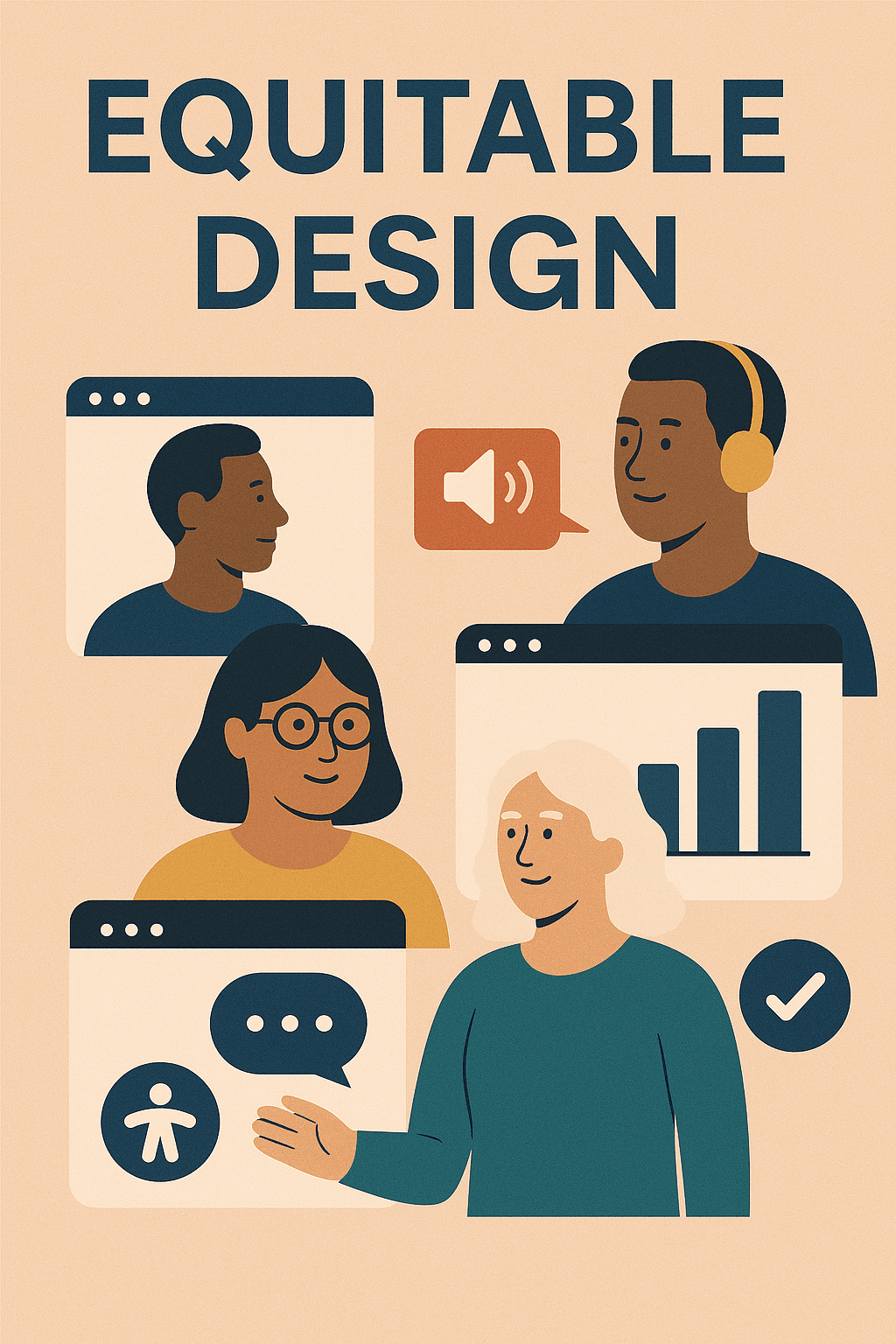 An illustration with the heading ‘Equitable Design’ at the top. The artwork shows a diverse group of people collaborating around digital interfaces. One person wears headphones with a speech bubble and sound icon, another wears glasses and smiles beside a browser window, and another gestures while standing near an accessibility icon and a checkmark. Additional elements include a bar chart and a chat bubble, symbolizing inclusive and multimodal digital design.