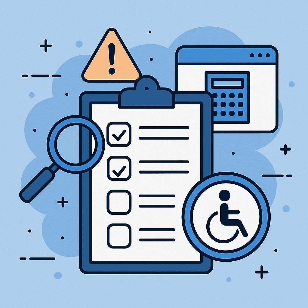 An icon-style illustration of an accessibility audit: a large clipboard checklist in the center with checkboxes, a magnifying glass inspecting the list, a warning triangle and browser window in the background, and a prominent circular wheelchair-accessibility symbol in the foreground, all in blue and soft orange tones on a light blue background.