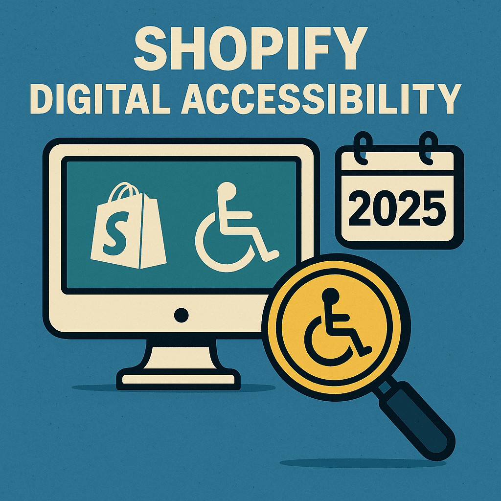 A flat-style illustration showing a computer monitor with the Shopify logo beside the accessibility wheelchair symbol on the screen. To the right, a calendar icon displays “2025.” A large yellow magnifying glass focuses on the accessibility symbol. The background is textured blue with bold, minimalistic shapes and no additional text.