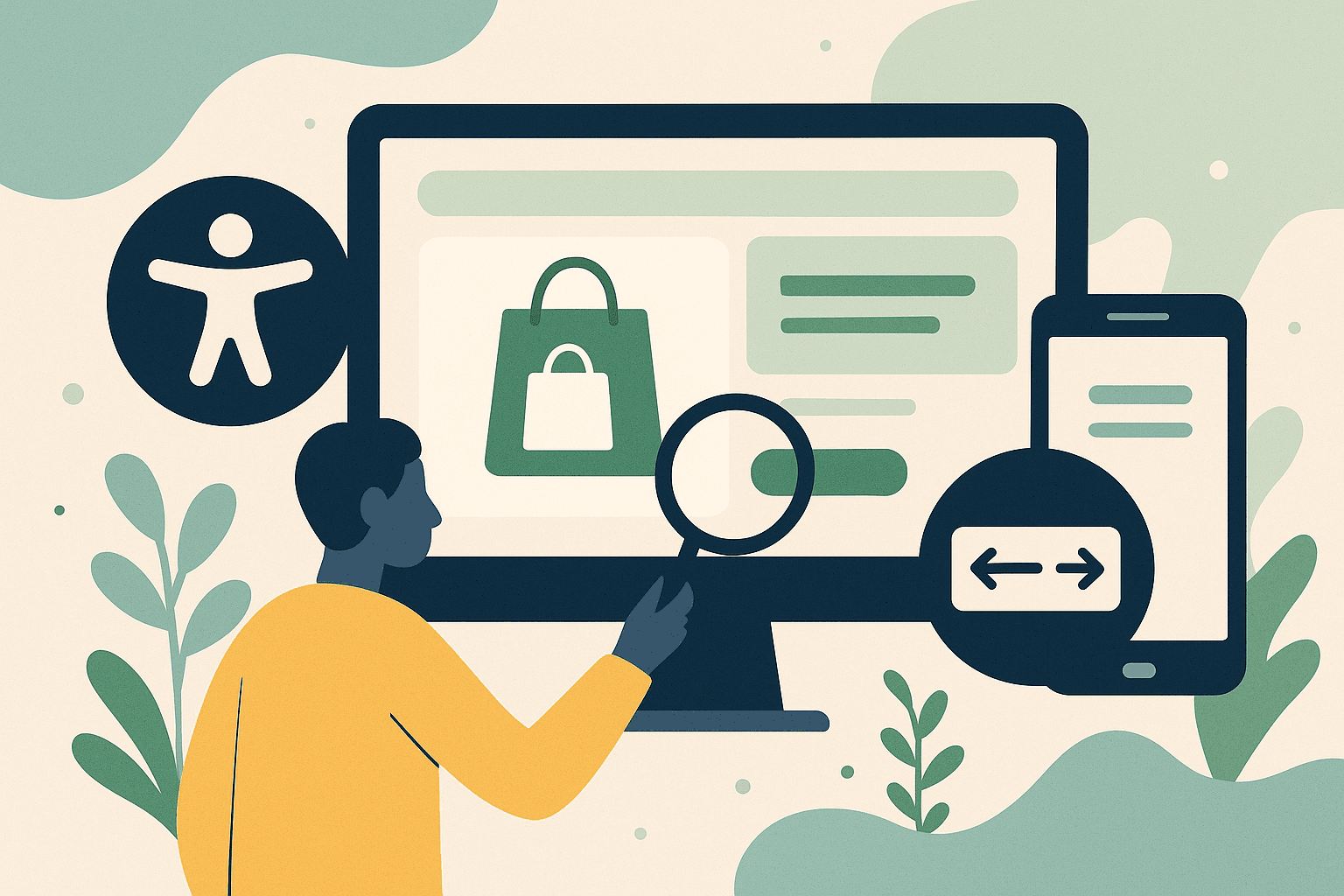 A person examines a large computer screen with a magnifying glass while viewing an online store interface. Icons representing accessibility and responsive design appear beside the monitor, along with a smartphone mockup. The illustration uses soft greens, blues, and yellows with leafy background elements in a flat, modern style.