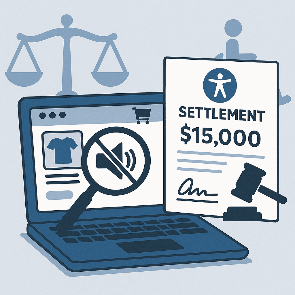 A flat-style illustration of a laptop showing an online store page, with a magnifying glass highlighting a muted sound icon to indicate an accessibility issue. Next to the laptop is a large legal settlement document showing a $15,000 penalty, along with a gavel symbol. Faded icons of scales of justice and an accessibility symbol appear in the background.