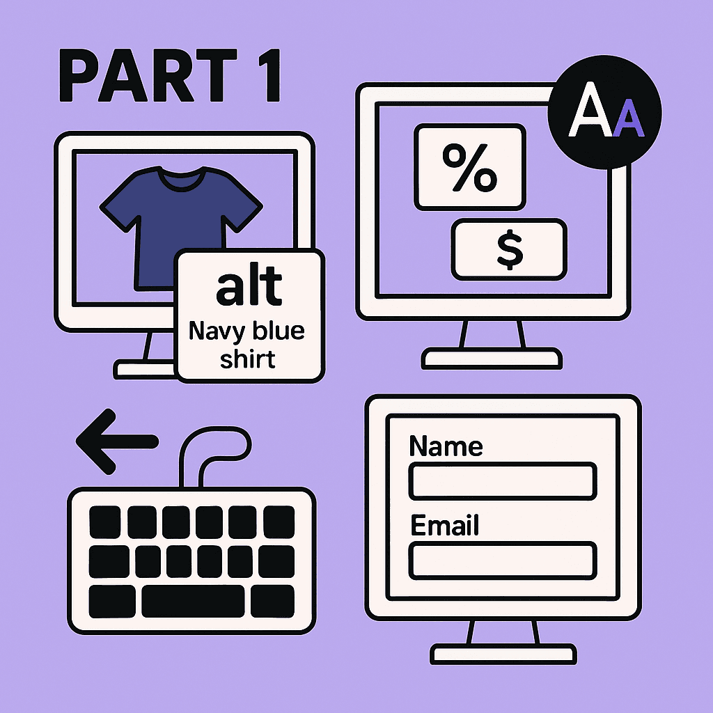 A flat, cute-style illustration on a purple background labeled “PART 1,” showing common accessibility issues: a computer screen with a shirt image and an alt-text box, another screen with large and small text symbols, a keyboard with a hand pointing to a key, and a form with name and email fields.