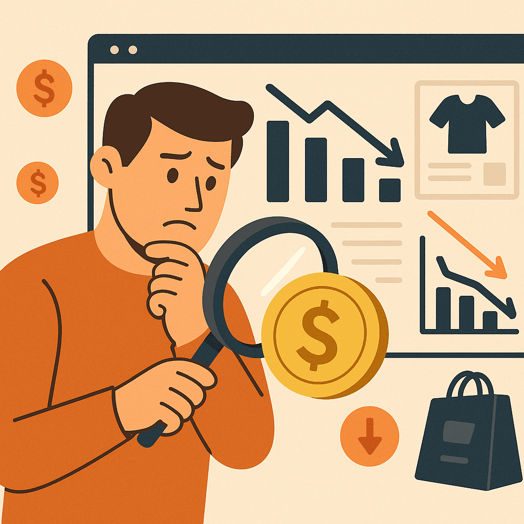 A worried man holding a magnifying glass examines a gold coin while standing in front of a large screen displaying declining revenue charts, product icons, and downward-pointing arrows, symbolizing lost income from online store issues.