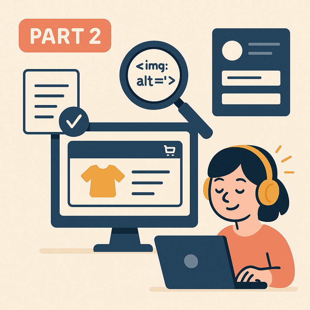 A cheerful person wearing headphones uses a laptop while a large monitor displays an online product page. Surrounding icons include a magnifying glass highlighting alt text code, a checklist with a checkmark, and a profile-style card, all under a label reading “Part 2.” The illustration uses soft, friendly colors in a cute, flat design style.
