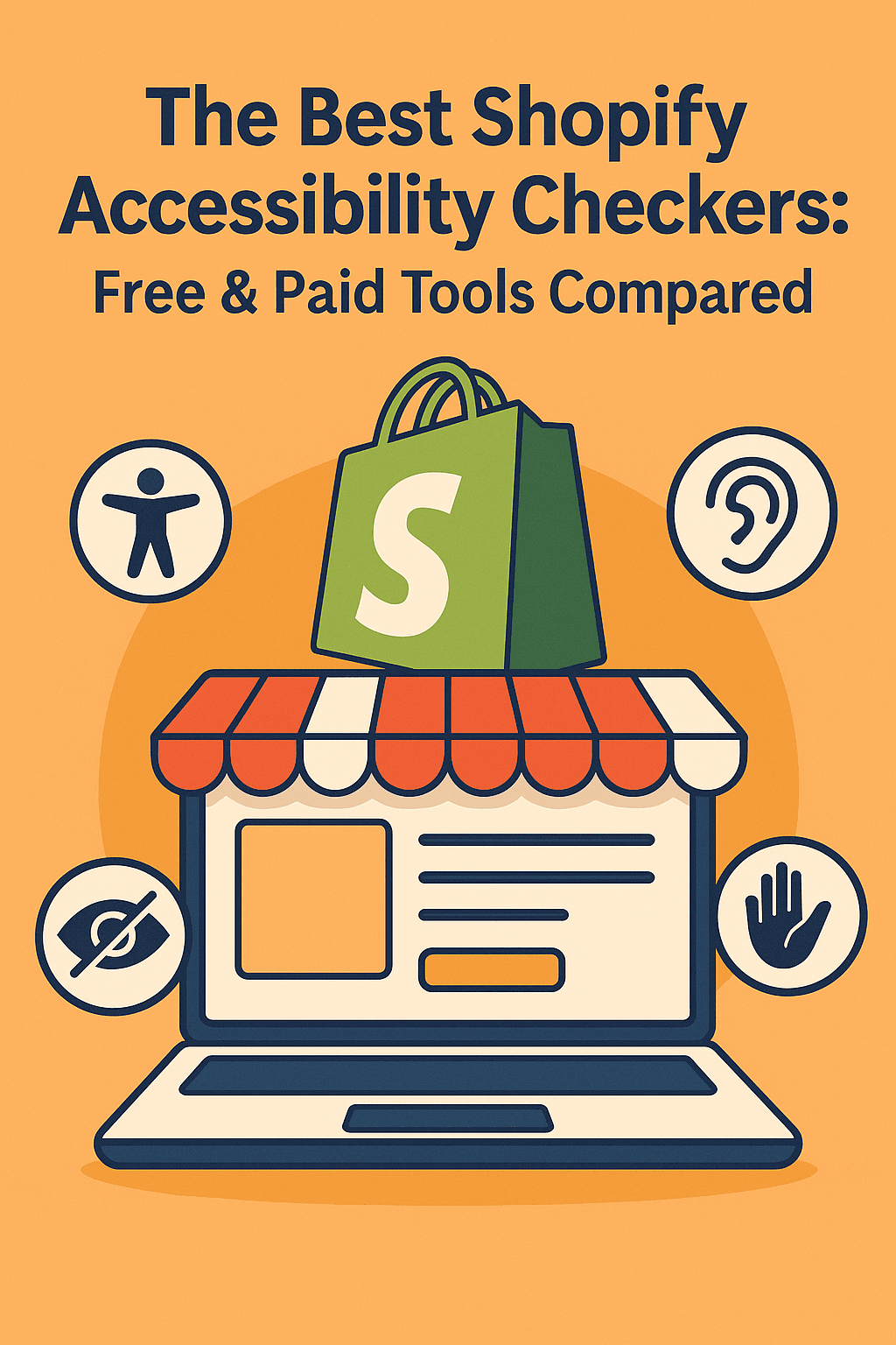 A flat-style illustration showing a laptop with a Shopify storefront on its screen. A green Shopify shopping bag sits on top of the awning. Surrounding the storefront are four accessibility icons: a person symbol, an ear, an eye with a slash, and a raised hand. The background is orange, and the title reads “The Best Shopify Accessibility Checkers: Free & Paid Tools Compared.”