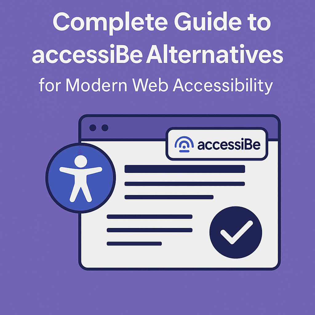 A purple-themed illustration featuring a browser window labeled “accessiBe.” An accessibility icon appears on the left side of the window, and a large checkmark icon appears on the right. Above the illustration, the title reads “Complete Guide to accessiBe Alternatives for Modern Web Accessibility.” The design uses simple, flat-style graphics in shades of purple, blue, and white.