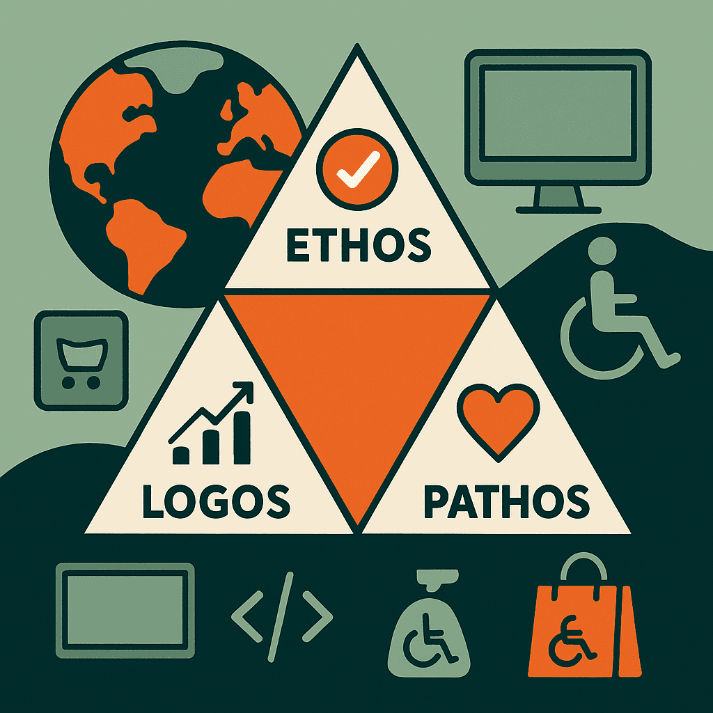 “A flat-style infographic showing a large triangle divided into three sections labeled Ethos, Logos, and Pathos. Ethos has a checkmark icon, Logos has a bar-chart icon, and Pathos has a heart icon. Surrounding the triangle are simple icons representing global reach, accessibility, eCommerce, code, and digital interfaces, using a limited palette of green, orange, and cream.