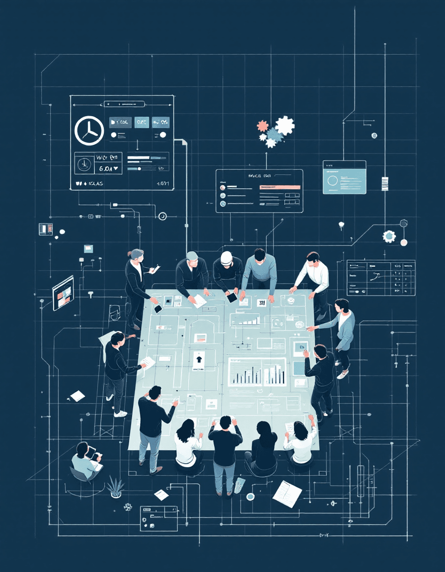 Technical blueprint-style illustration showing a product team collaborating around WCAG accessibility guidelines, with architectural diagram elements and human figures examining specifications together.