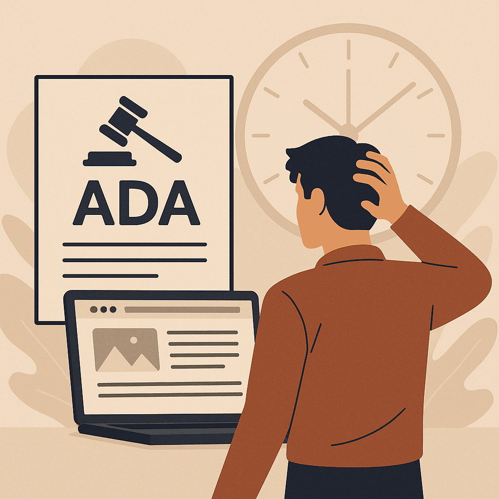 A person stands in front of an open laptop, scratching their head while looking at an ADA-related legal document. A large clock and soft background shapes emphasize urgency and confusion around an ADA website lawsuit.
