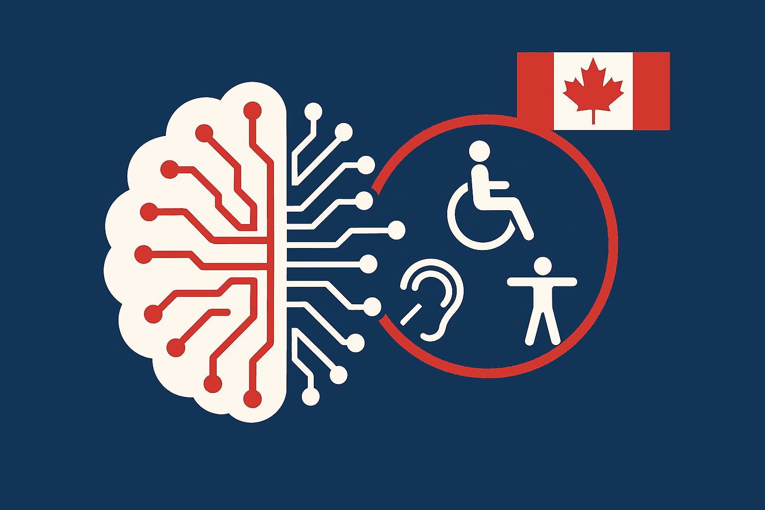 Modern flat illustration of AI technology meeting disability accessibility. Neural network pattern merging with universal accessibility icons. Canadian flag colors (red and white) as accents on deep blue background. Professional, corporate style suitable for legal compliance article. Clean, minimal, infographic aesthetic.