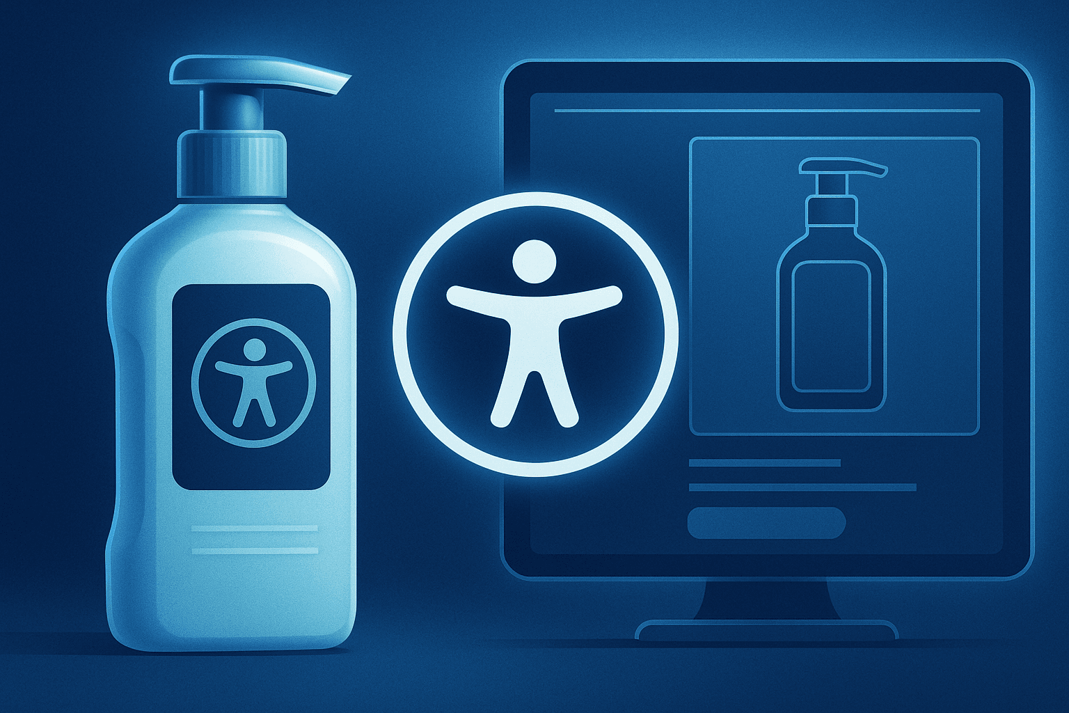 A futuristic blue-toned illustration showing a beauty product bottle beside a computer screen displaying a digital version of the same bottle. A glowing universal accessibility symbol floats between the physical packaging and the digital interface, visually connecting them.