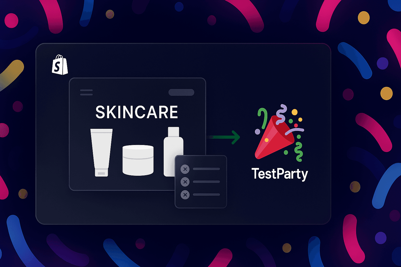 A dark, semi-transparent panel sits centered over a neon confetti background. On the left, a stylized Shopify skincare storefront displays product icons and a small overlay of accessibility issues. A green arrow points right toward the TestParty logo, shown as a red party popper releasing colorful confetti. The composition illustrates TestParty fixing accessibility issues for a Shopify ecommerce site.