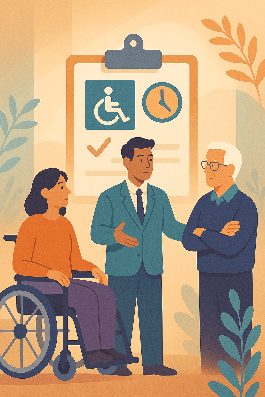 A flat illustration of a business owner talking with a wheelchair user and an older man in front of a clipboard showing an accessibility symbol and clock, symbolizing a 30-day ADA compliance window.