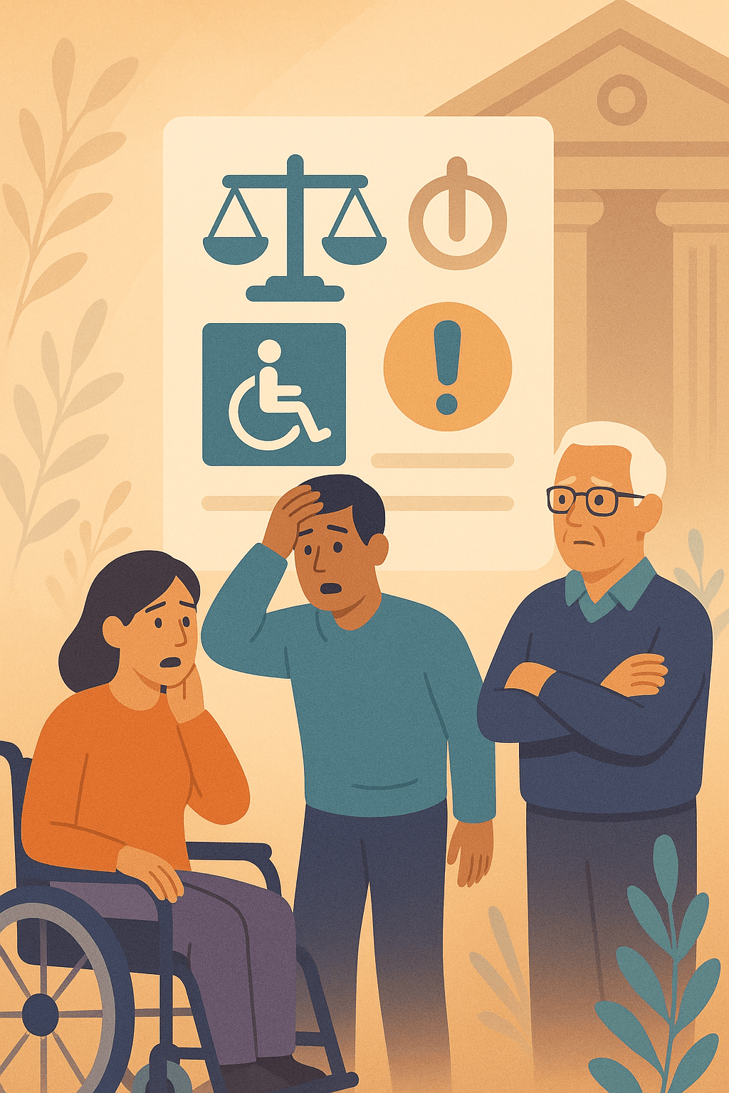 ChatGPT said:  A flat illustration of a business owner talking with a wheelchair user and an older man in front of a clipboard showing an accessibility symbol and clock, symbolizing a 30-day ADA compliance window.