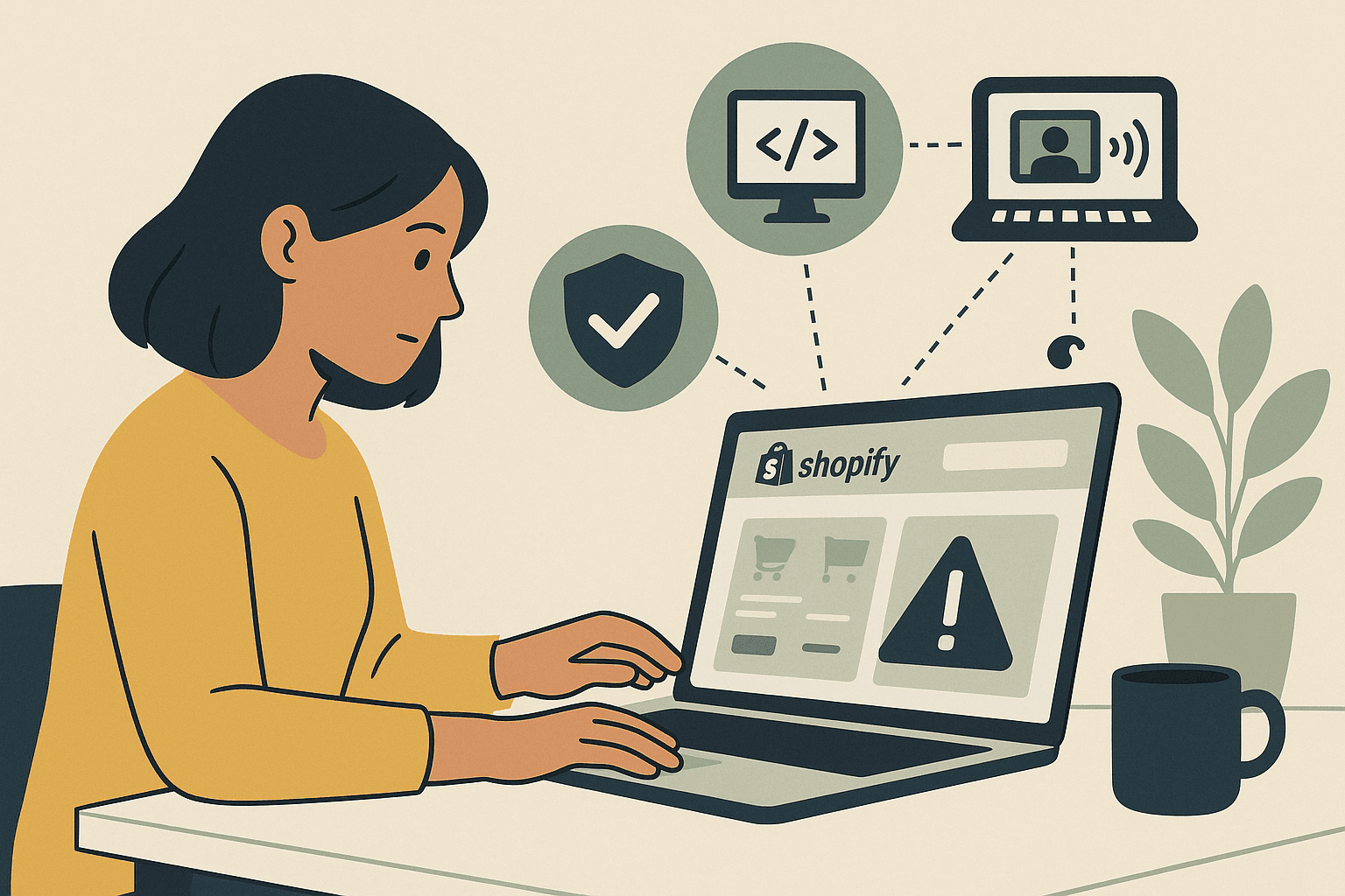 Illustration of a person working on a laptop to improve a Shopify store’s accessibility, with icons representing code fixes, compliance checks, and assistive technology.