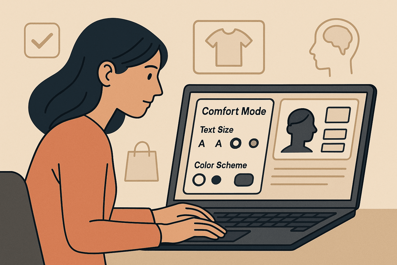Illustration of a person shopping online while adjusting accessibility and comfort settings on an ecommerce site, showing customizable text size, color scheme, and interface preferences in a calm, neutral environment.