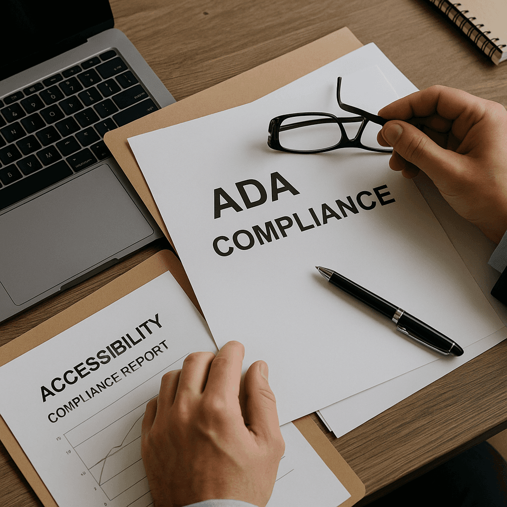 Close-up photo of a desk with neatly organized compliance documents, a laptop, eyeglasses, and a pen, suggesting formal review and record-keeping related to website accessibility and legal documentation.