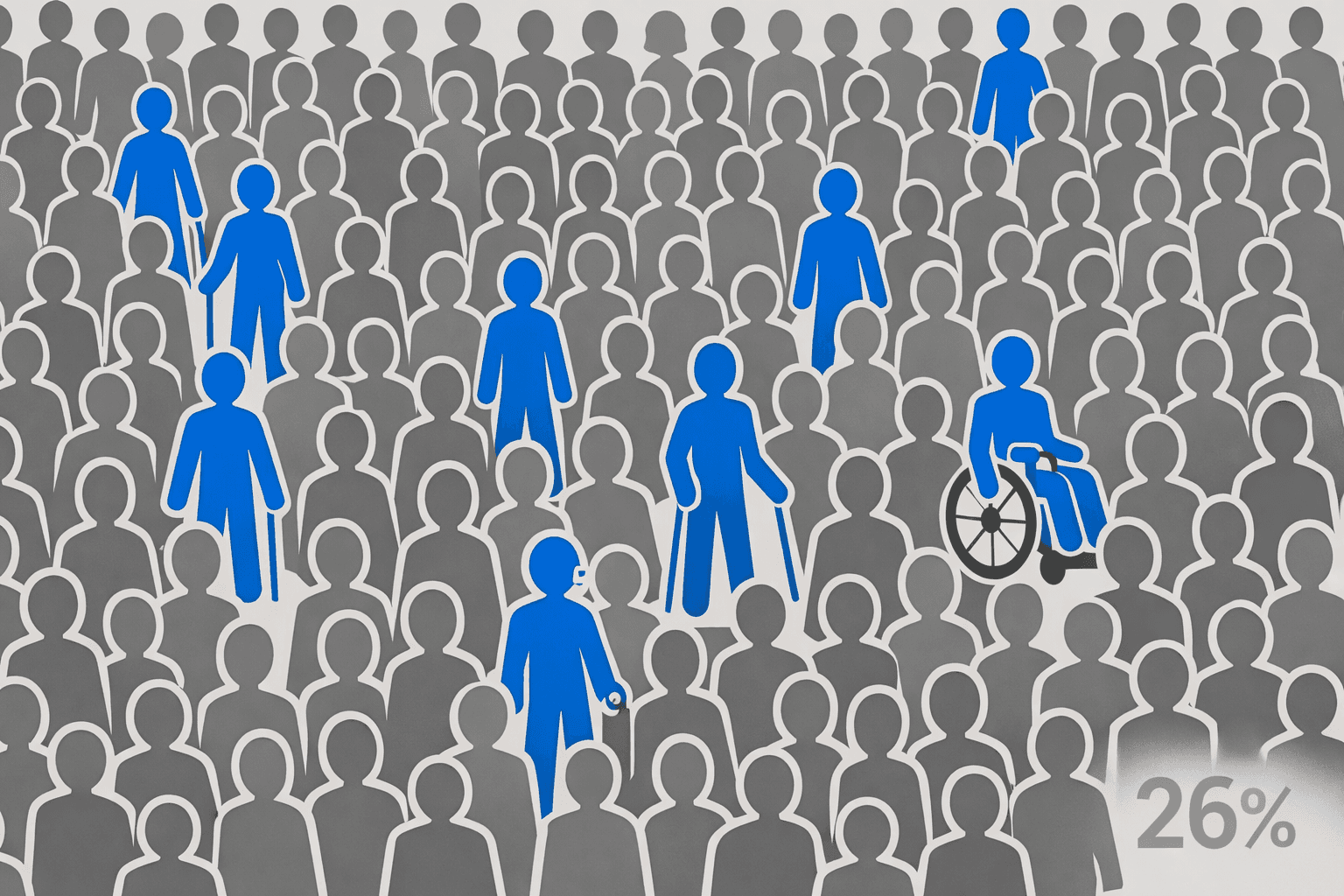 Information-design illustration showing a large crowd of simplified human figures. Most figures are muted gray, while a smaller portion—about one quarter—are highlighted in bright blue and scattered throughout the crowd. A few blue figures use mobility or assistive devices such as a wheelchair or cane, while most appear identical to the gray figures. The visual emphasizes inclusion and a hidden population, with a subtle ‘26%’ watermark in the corner.