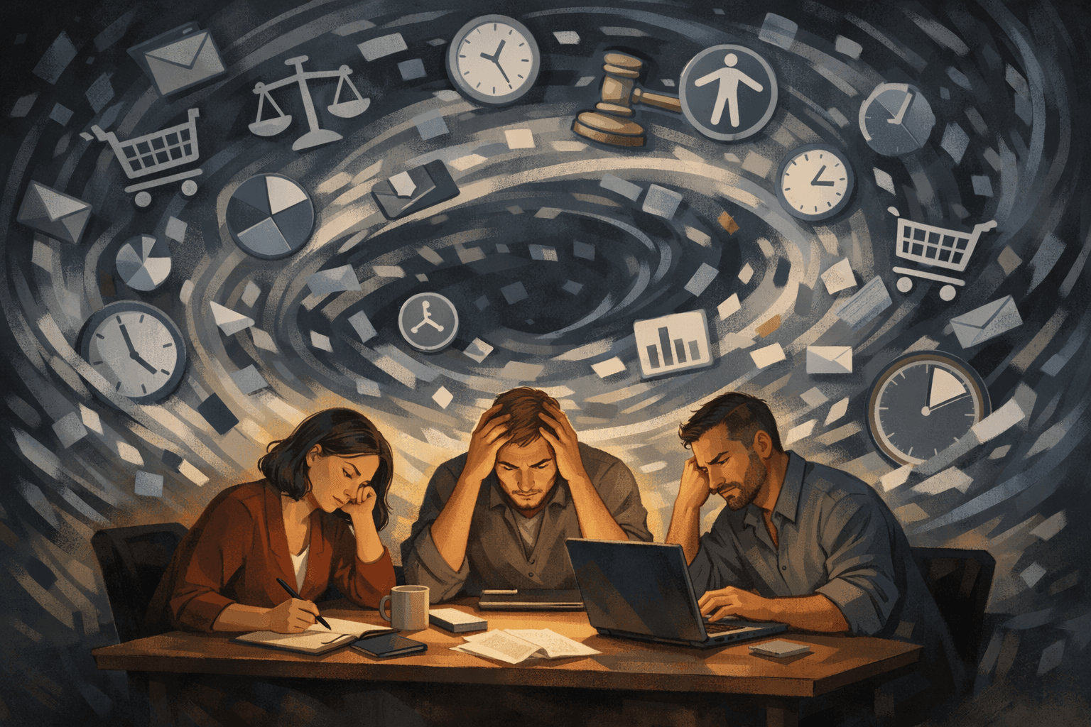 Split-screen illustration of the same desk before and after tool consolidation. On the left, a chaotic workspace with multiple monitors showing different accessibility tools, scattered reports, sticky notes, spilled coffee, and warm, stressful lighting. On the right, a clean, organized desk with a single monitor displaying a unified dashboard, neatly arranged items, a plant, and cool, calm lighting, emphasizing a dramatic before-and-after contrast.