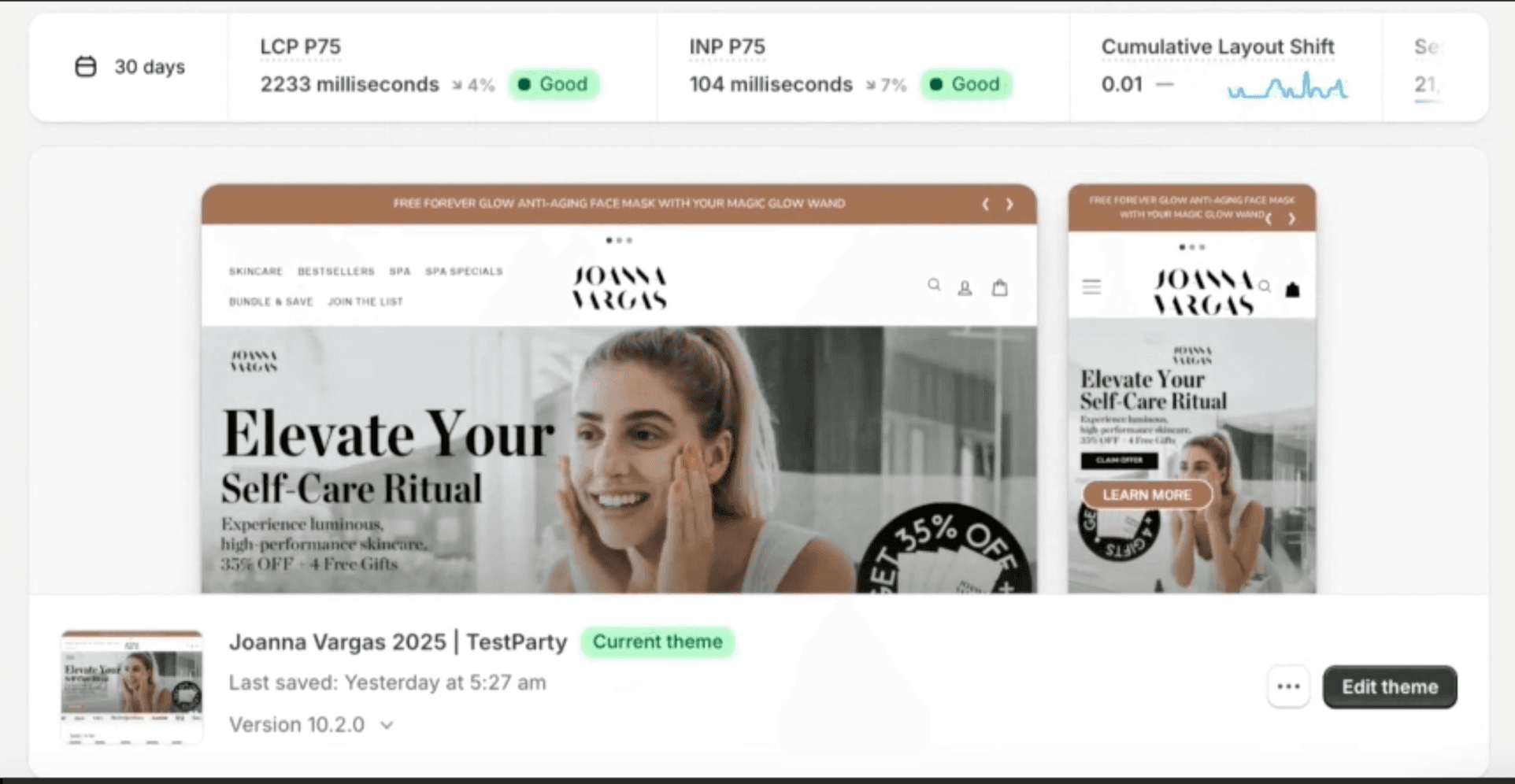 Screenshot of a performance dashboard for the Joanna Vargas Shopify theme showing strong Core Web Vitals over the last 30 days: LCP P75 2233 ms (Good), INP P75 104 ms (Good), and Cumulative Layout Shift 0.01, alongside desktop and mobile homepage previews.