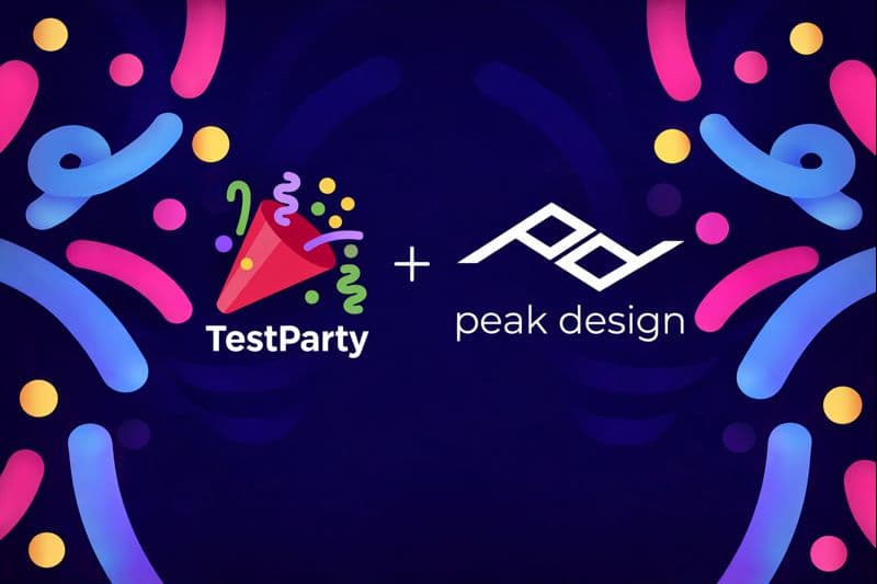 TestParty and Peak Design logos displayed side by side on a dark background with colorful abstract shapes and a plus sign between the logos.
