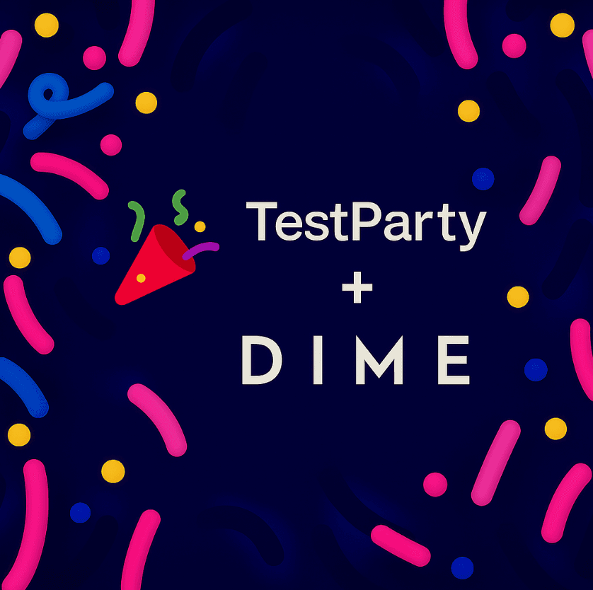 TestParty logo and Dime Beauty logo on a fun confetti backdrop.