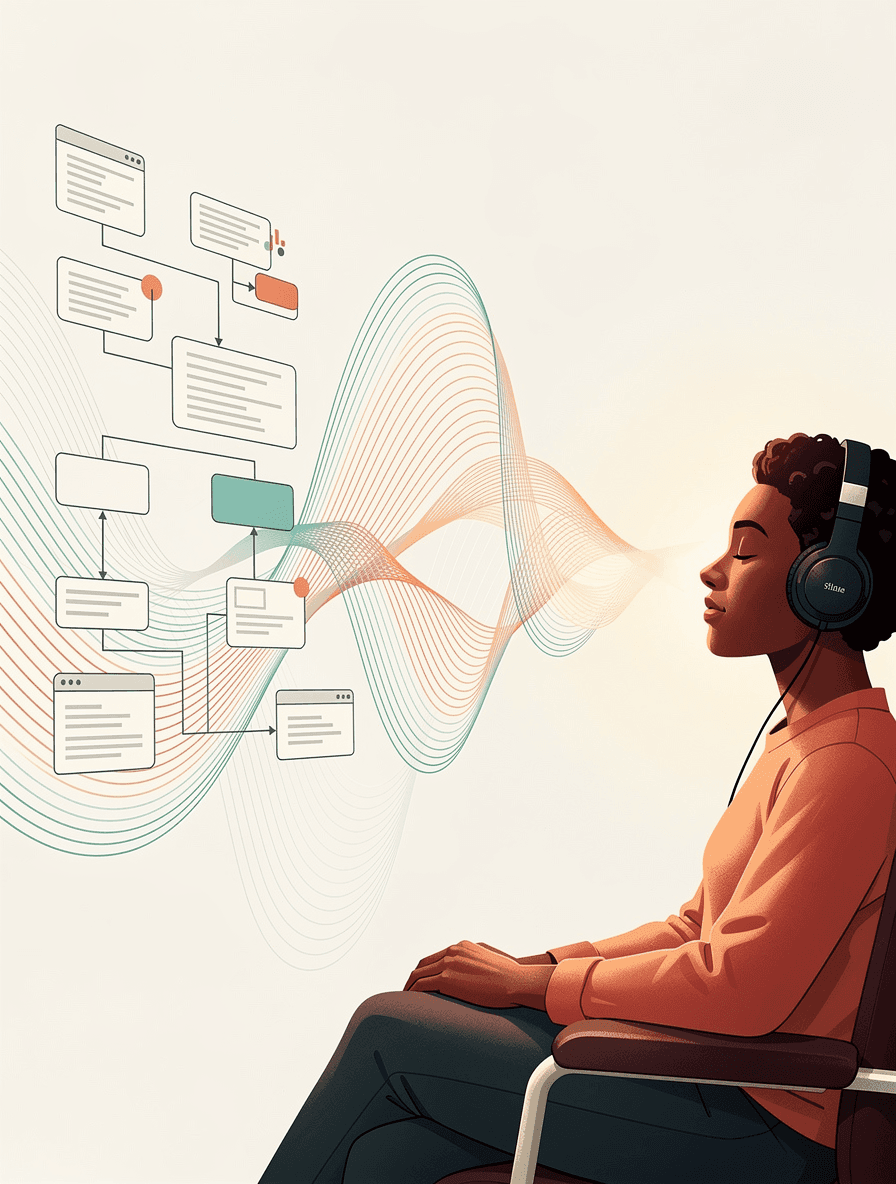 Abstract visualization of a screen reader translating web page structure into flowing audio waves