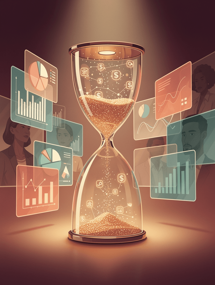 Hourglass with audit report sand flowing while digital screens around it continue changing in real-time