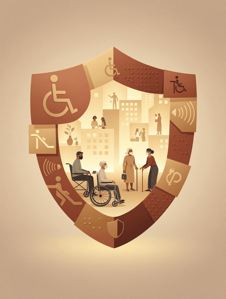 Shield protecting an organization while accessibility compliance documents form a protective foundation