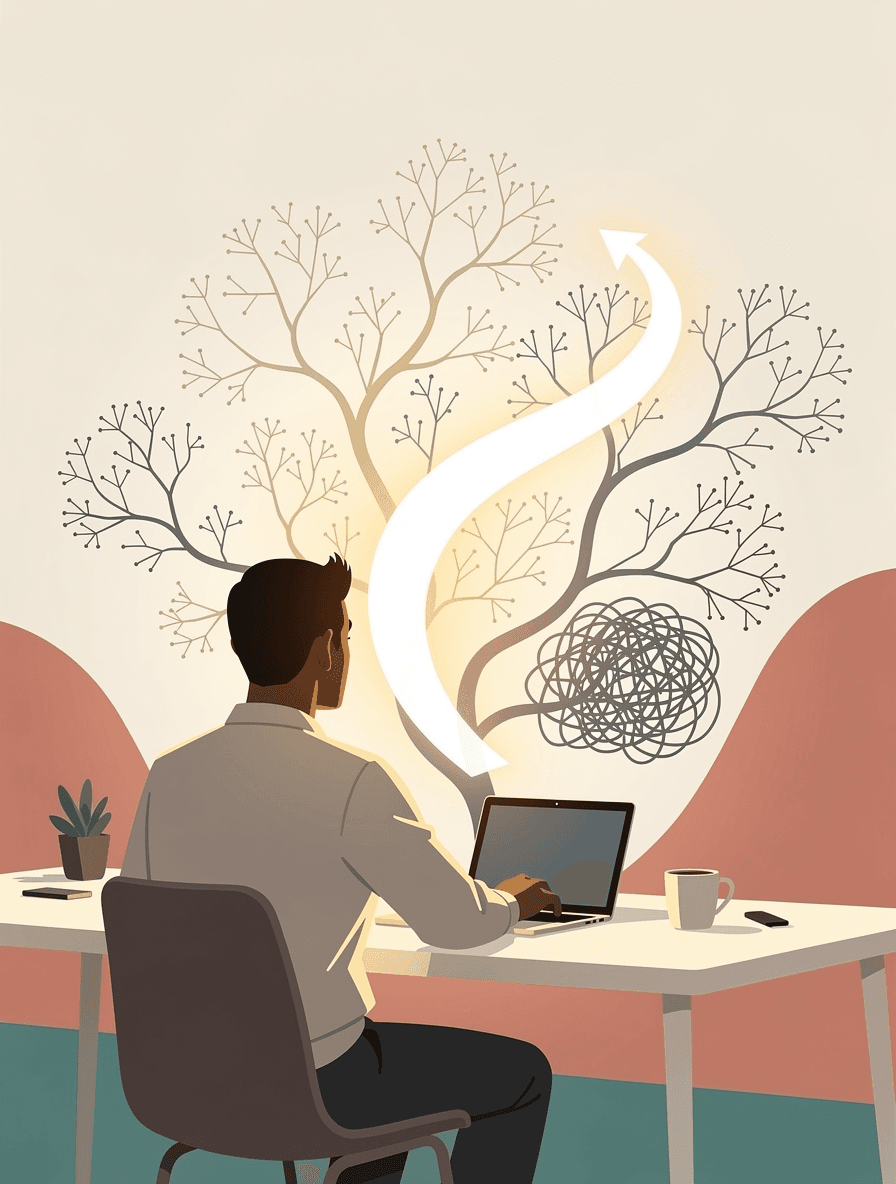 Developer studying a complex map with highlighted common wrong turns, discovering the correct path forward