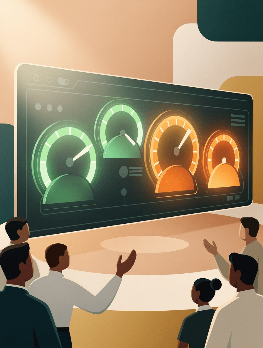 Dashboard display showing accessibility metrics with warning indicators, some green and some requiring attention