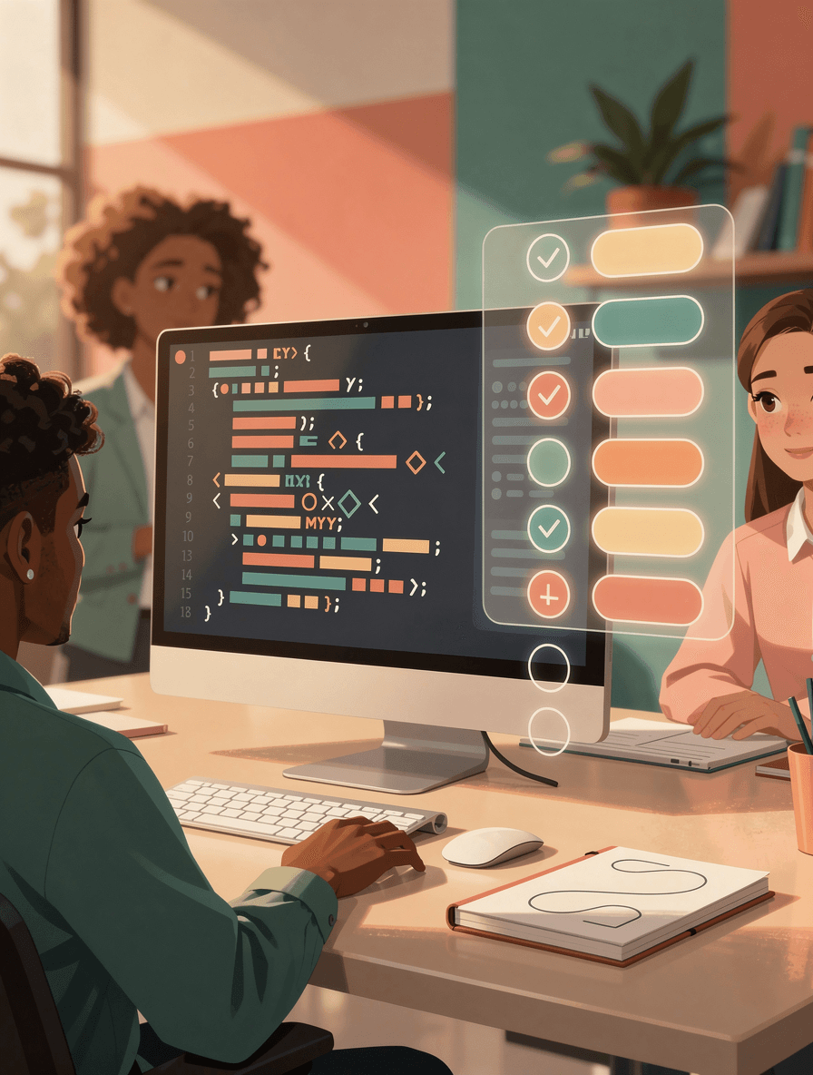 Developer's workspace with code editor showing accessibility patterns and a structured checklist, representing systematic WCAG auditing