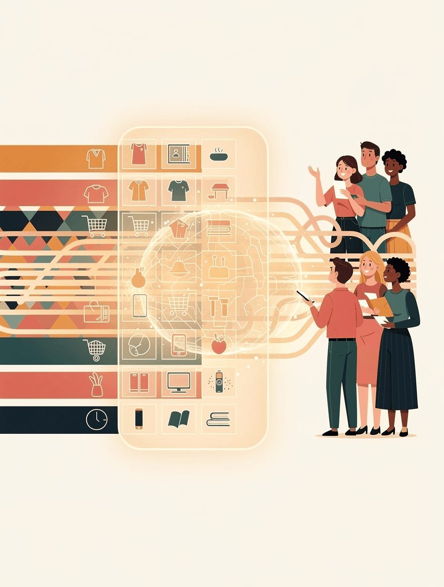 AI shopping assistant conversing with a user while product data flows from an accessible Shopify store, representing agentic commerce accessibility