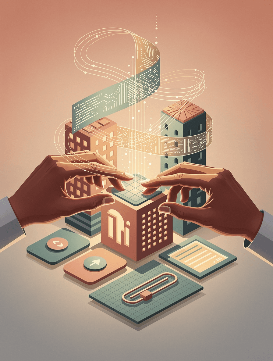 Developer hands writing code with accessibility patterns emerging as structured building blocks, representing Liquid and JavaScript accessibility implementation