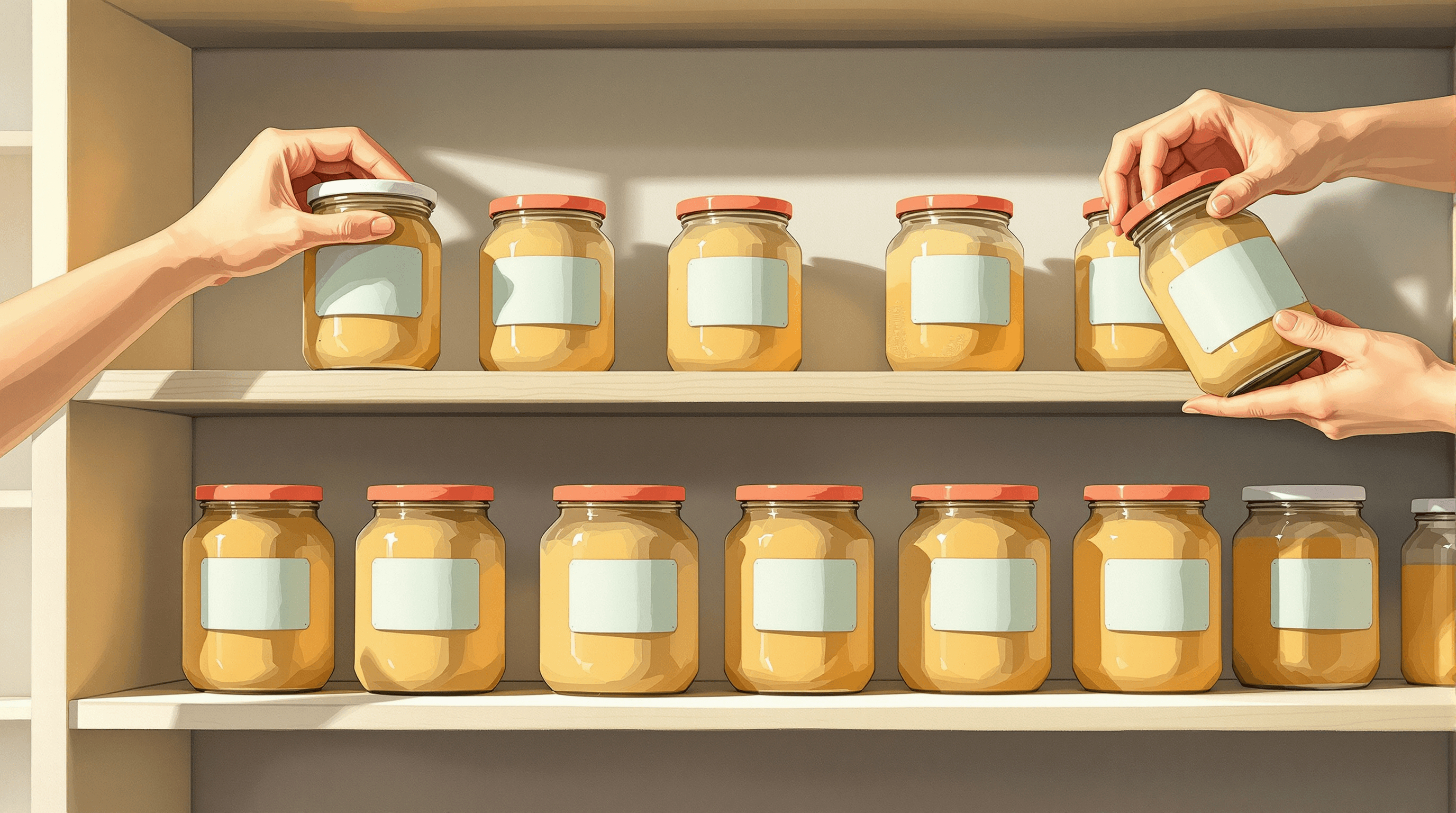 A close-up of a tidy pantry shelf already holding a row of well-organized labeled jars. A hand from the left carefully places a fresh jar onto the shelf; eight more wait on the counter below ready to be added. Another hand from the right lifts an older jar with a faded label out of the row. Painterly gouache with cream jars, dusty teal labels, and coral caps. The scene suggests adding nine new criteria and removing one in an already-organized 2.1 conformant store.