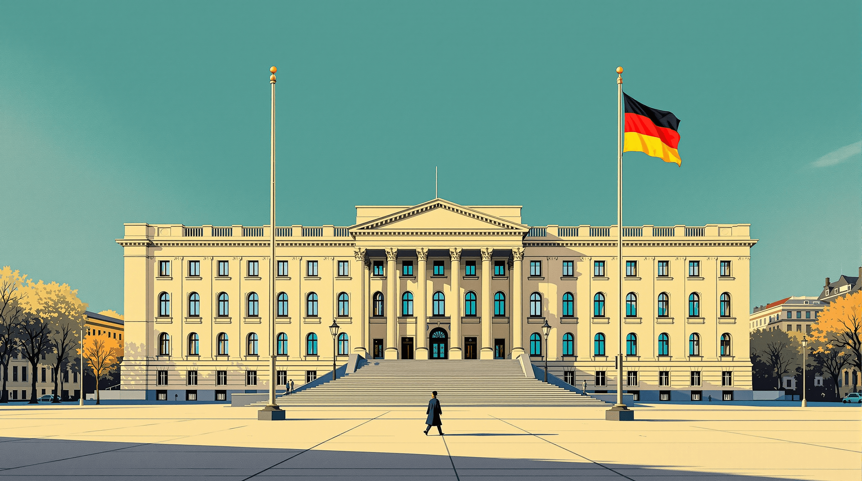 A wide view of an imposing neoclassical German government building at golden hour. Two flagpoles flank the entrance, each flying a flag of slightly different abstract design suggesting EU and national German contexts. A small coated figure walks across the square toward the steps. Long shadows. Painterly gouache with cream stone, dusty teal sky, and coral and mustard flag accents. The scene suggests a Shopify merchant entering both EU and German national jurisdiction simultaneously.