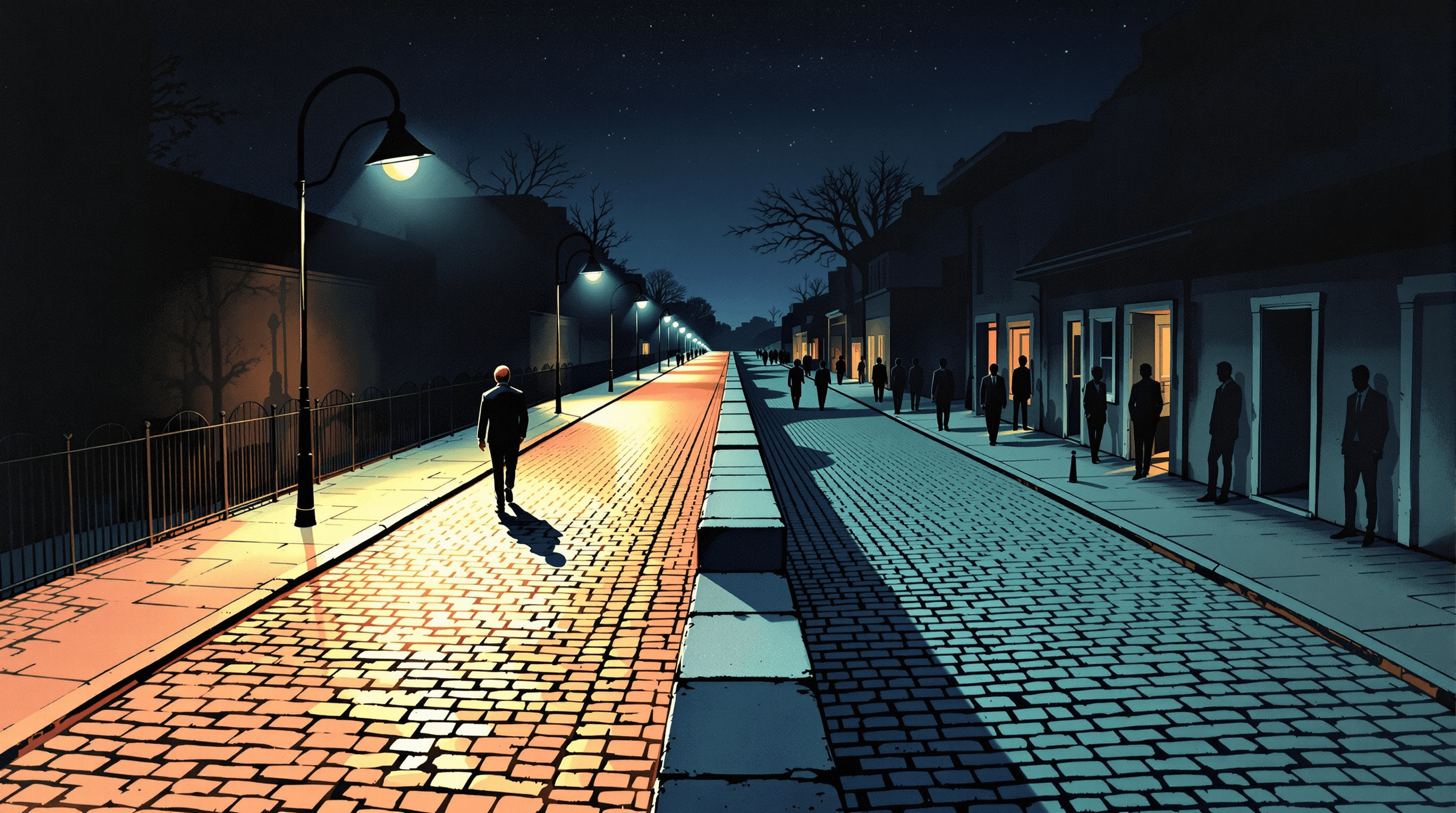 A cobblestone street at night, splitting into two parallel lanes separated by a low stone divider. The left lane is brightly lit by overhead streetlamps with a single confident pedestrian walking down the middle. The right lane is shadowed, with several indistinct figures lurking near doorways. Same pavement, same destination. Painterly gouache with navy sky, coral streetlamps, and dusty teal shadows. The scene suggests two paths with very different lawsuit-risk profiles.